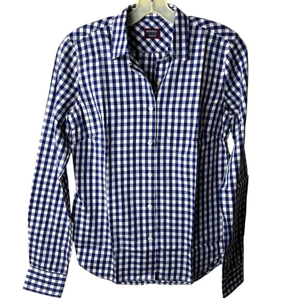 UNTUCKit Blue White Gingham Checkered Button Down Womens 0 Classic Preppy NWT - Picture 3 of 13